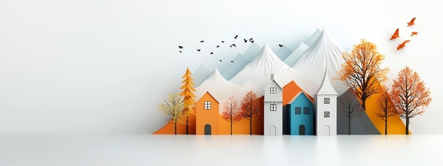 Poster - A vibrant and stylized depicting a quaint architectural landscape with houses trees and mountains in an autumnal color palette