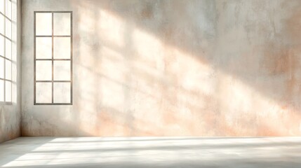 Poster - Serene and elegant minimalist interior space with gradient textured walls transitioning from pale blush to gentle tan and soft natural lighting filtering through a large window