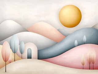 Poster - Soothing digital showcasing a pastel gradient landscape transitioning from pale coral to muted sand tones featuring a delicate textural overlay to create a serene contemporary atmosphere