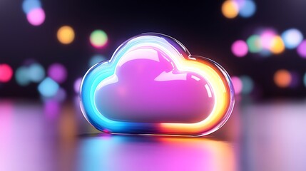 Canvas Print - Glowing neon cloud symbol on dark background with bokeh lights.