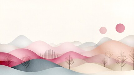 Poster - Elegant pastel gradient landscape with a subtle textured noise overlay transitioning from soft pink to warm beige set against a serene modern architectural backdrop