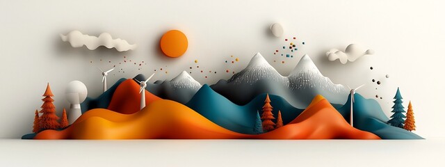 Poster - This captivating showcases a visualization of the frequency distribution of energy production methods used in a specific region  depicted through a striking landscape of mountains  clouds