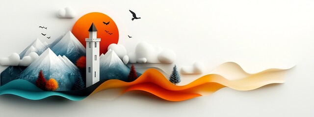Poster - Visually striking depicting a mesmerizing architectural landscape with a lighthouse towering amidst mountainous terrain surrounded by a vibrant sunset sky and soaring birds