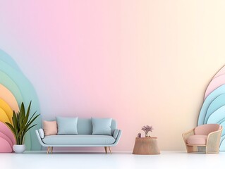 Poster - Elegant and contemporary living room with a soft pastel color gradient that transitions from light pink to warm beige featuring a textured noise overlay modern furniture and a minimalist