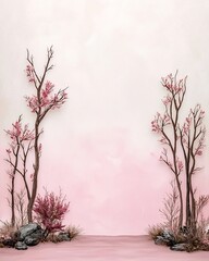 Poster - Enchanting Dreamlike Landscape Painting Revealing a Captivating Otherworldly Realm with a Soothing Gradient Wash in Delicate Pink and Warm Ivory Hues