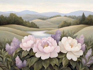 Poster - Tranquil pastoral scene with undulating hills a lush meadow of soft pink and lavender blooms a babbling brook casting gentle reflections a hazy muted color palette with a refined contemporary style