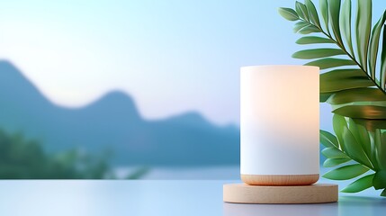 Canvas Print - Illuminated cylindrical object on wooden base, beside tropical foliage, with blurred mountain landscape background.