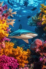 Sticker - Shark swimming over coral reef