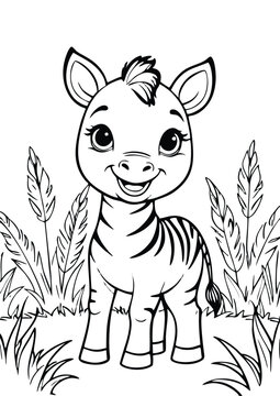 simple black lineart illustration of A baby zebra standing in a field with tall grass and a big smile, coloring page animal ready for print