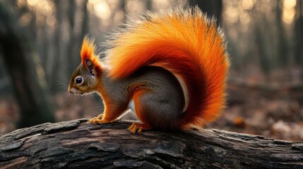 a striking portrait of a squirrel perched on a log in a forest environment, its fur showing vibrant 