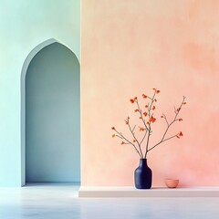 Poster - Pastel gradient motif with harmonious color scheme and nuanced textural details in a clean contemporary architectural setting featuring a floral arrangement in a vase
