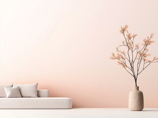 Poster - Elegant and contemporary living room with soft pastel color gradient from light pink to warm beige textured noise overlay modern furniture minimalist decor natural lighting and serene ambiance