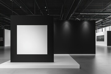 Wall Mural - Minimal black and white exhibition stand with branding space on the left.