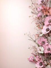 Poster - Soft pastel gradient background transitioning from pink to beige hues featuring a textured noise overlay and a contemporary aesthetic delicate and ethereal floral arrangements tastefully displayed