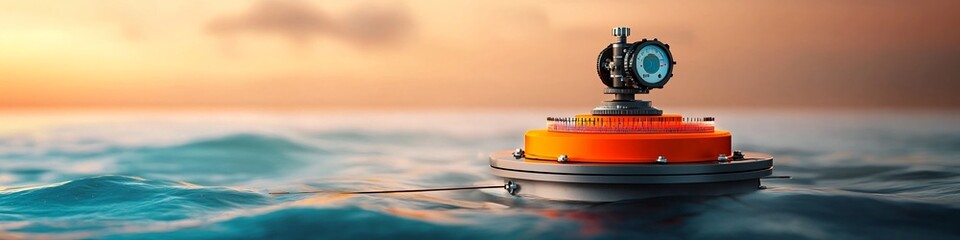 Poster - A 3D rendered image of a spectrometer device measuring and analyzing the frequency of solar radiation in a picturesque ocean sunset landscape  The spectrometer is floating on the calm water