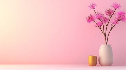 Poster - Elegant and modern interior with soft pastel gradient from pink to beige subtle textured noise overlay minimalist design warm lighting