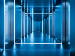 Aufkleber - Futuristic indoor modern building Blue light line perspective hall Architecture details