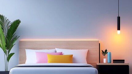 Canvas Print - Minimalist bedroom interior design with wooden headboard, white bedding, colorful pillows, and pendant light.