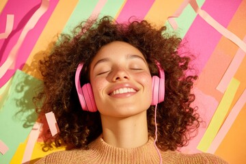 Poster - Vibrant Digital Marketing Stock Young Woman with Pink Headphones Against Colorful Backdrop - Modern Lifestyle and Social Media Engagement for Creative Industries
