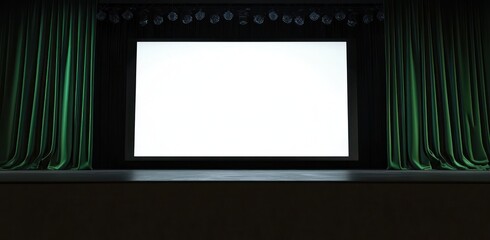 Wall Mural - Blank advertising screen framed by a green curtain on a black stage for mockups.