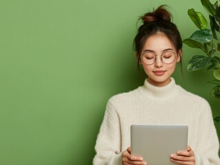 Poster - Minimalist Home Office Aesthetic Young Asian Woman Engaged in Digital Collaboration on Tablet - Modern Productivity in Hybrid Work and Sustainable Interior Design