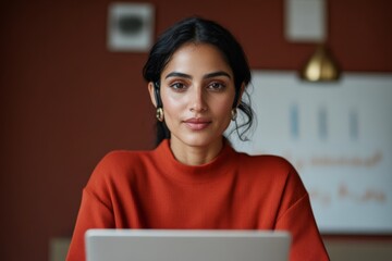 Poster - Modern Remote Training Mid-30s Indian Woman in Stylish Home Office with Laptop - Digital Skills Development and Corporate Innovation for Professional Growth