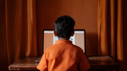 Leinwandbilder - Contemporary E-Learning Setup Young Indian Boy Engaged with Digital Classroom on Wooden Desk – Interactive Education and Remote Learning Solutions for Modern Student Life