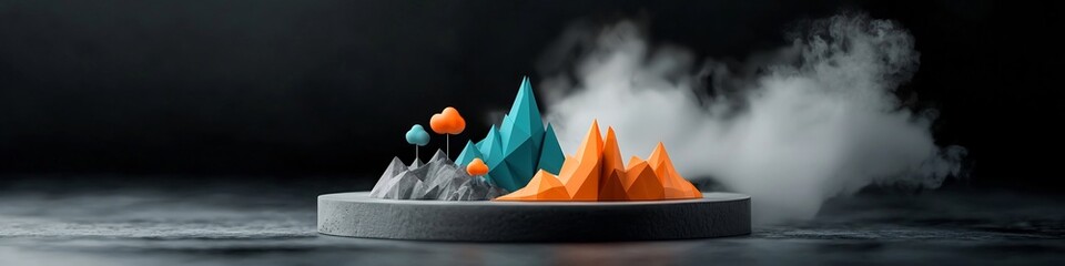 Poster - A 3D abstract visualizing the frequency distribution of technological disruptions across an industry  The image features a dark minimalist