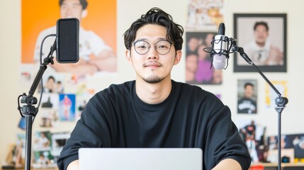 Poster - Dynamic Home Studio Young Korean Male Creates Engaging Sports Commentary with Streaming Tech and Memorabilia - Enhancing Content for Digital Sports Broadcasting
