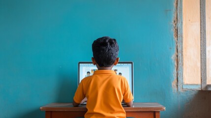 Poster - Interactive E-Learning Experience Young Indian Boy in Minimalist Study Space with Laptop - Digital Education and Home Schooling Solutions for Enhanced Student Engagement
