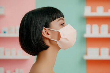 Poster - Modern Wellness Aesthetic Thoughtful Woman in Soft Textured Mask - Bright Pharmacy Setting Highlighting Health Mindfulness for Contemporary Healthcare Marketing