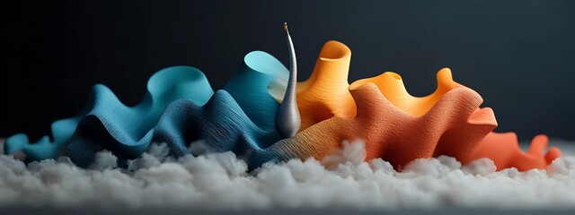 Poster - A vibrant abstract 3D depicting a resonating reed generating a range of sound frequencies through its dynamic fluid movements and colorful organic forms