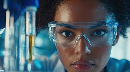 Poster - Close-up of a focused female scientist wearing protective goggles as she conducts experiments with test tubes and chemicals in a laboratory setting