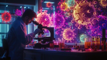 Poster - Researcher in Laboratory Analyzing Viruses Under Microscope with Colorful Graphic Representation of Microorganisms Surrounding the Scientific Environment