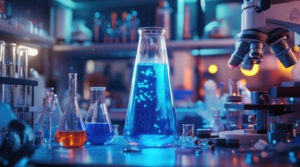 Poster - Laboratory Setup with Colorful Beakers and Microscope for Scientific Research in a Modern Science Environment
