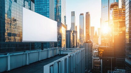 Poster - Bright Urban Sunset over Skyscraper Rooftops with Empty Billboard Space for Advertising in a Modern Cityscape