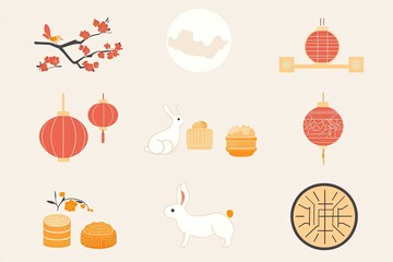 Wall Mural - A set of elegant icons for the Chinese Moon Festival, featuring a full moon, lanterns, mooncakes, and the iconic rabbit, all designed in a minimalist style.