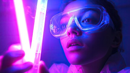 Poster - Young scientist with protective goggles observes glowing test tubes in a dark laboratory while conducting experiments in vibrant neon colors and immersive lighting effects
