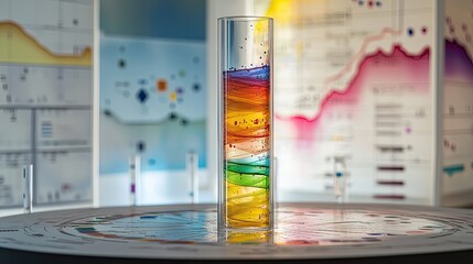 Aufkleber - Colorful Liquid Swirl in Transparent Tube Surrounded by Scientific Data Graphics and Charts in Modern Research Lab Environment
