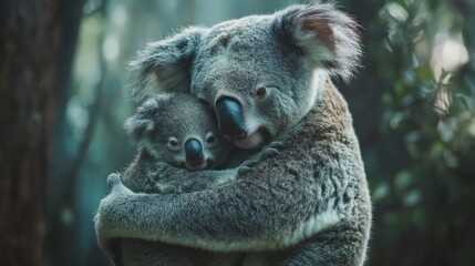 Wall Mural - a close up view of a mother koala and her baby koala hugging in a forest setting