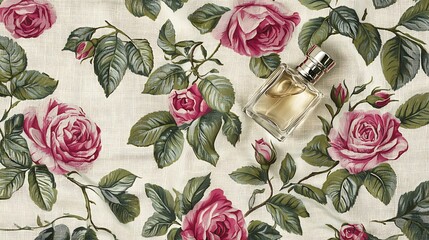 Wall Mural - Perfume bottle on floral fabric, feminine scent, beauty product