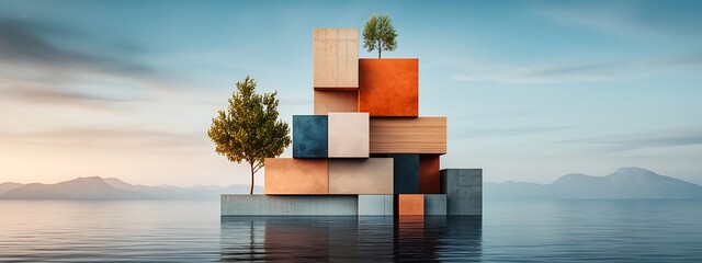 Wall Mural - A 3D rendered abstract and minimalist architectural composition floating on a calm lake representing the frequency of occurrence of different cultural symbols and their visualization