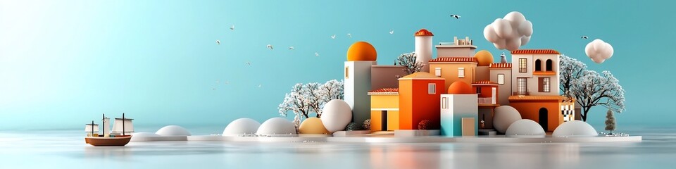Poster - a captivating 3d rendered showcasing a vibrant surreal landscape of architectural elements blending 