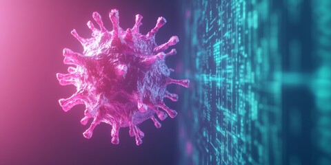 Poster - Futuristic Virus Structure Depiction with Neon Glow and Digital Matrix - Virus Visualization and Awareness in High-Tech Theme