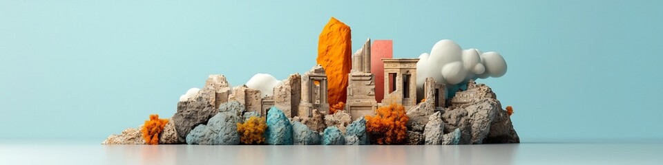 A 3D rendered representation showcasing the frequency and occurrence of different architectural ruins within a defined region creating an abstract geometric and conceptual landscape