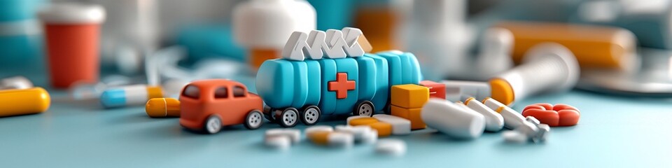 Poster - A 3D rendered infographic visualizing and comparing the frequencies of different types of accidents and injuries in a healthcare setting including medical equipment medication
