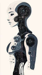 Poster - Futuristic Human-Like AI Robot with Complex Circuits in Minimalist Vector Design