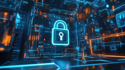 A digital futuristic representation of cybersecurity showcasing a black padlock at the center