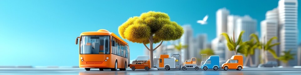Poster - A 3D rendered visualization depicting the frequency distribution of various transportation modes used in a city including cars buses taxis and other vehicles on the roads and streets
