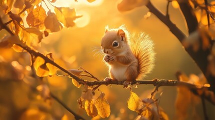 Wall Mural - a squirrel in golden light perched on a branch surrounded by fall leaves enjoying its snack